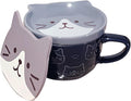 Cute Ceramic Cat Mug with Lid Anime Cat Coaster 10 oz Kawaii Coffee Mugs for Desk Lovers Gift, Blue