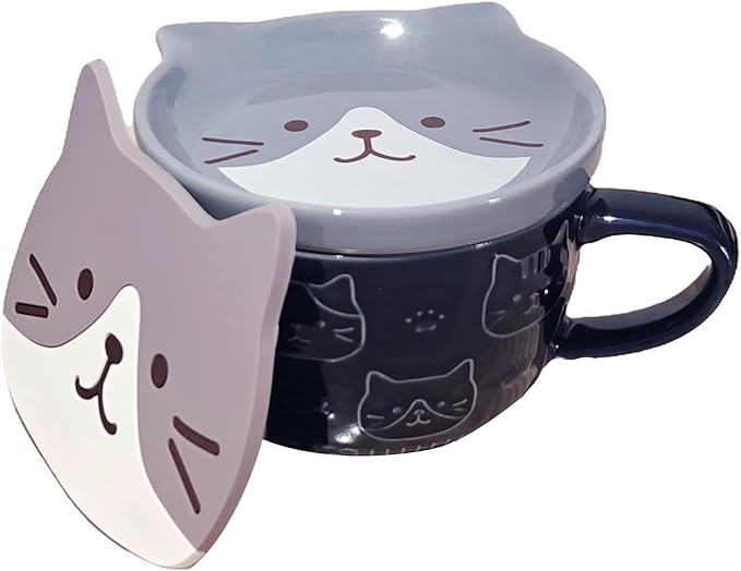 Cute Ceramic Cat Mug with Lid Anime Cat Coaster 10 oz Kawaii Coffee Mugs for Desk Lovers Gift, Blue