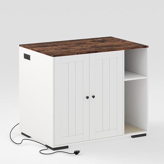 PeakPursuit Large Litter Enclosure Cabinet, XL Cat Robot Furniture with Dog Proof Shelf, Power Outlet & 5 Ft Cord, Fit for Most Self-Cleaning Litter Boxes White-A