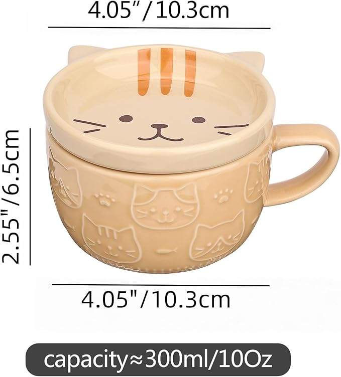 Cute Ceramic Cat Coffee Mug with Lid,Kawaii Coffee Mugs or Tea Cups for Cat Lovers,Funny Novelty Breakfast Mugs for Women Wife Mum Girls Boys Friends Kids Christmas Birthday Gift,300ML（Yellow）