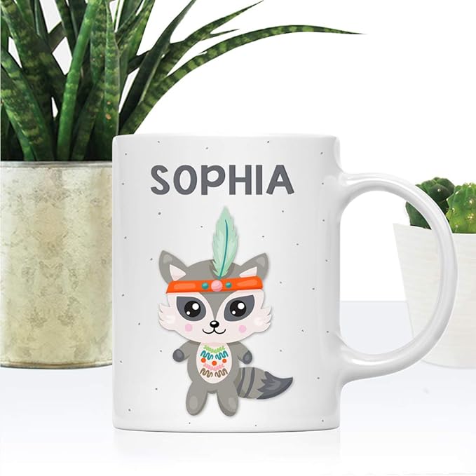 Andaz Press Personalized 11oz. Kids Milk Hot Chocolate Mug, Tribal Raccoon, 1-Pack, Custom Child’s Birthday Christmas Coffee Cup