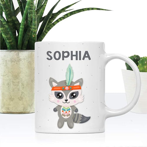 Andaz Press Personalized 11oz. Kids Milk Hot Chocolate Mug, Tribal Raccoon, 1-Pack, Custom Child’s Birthday Christmas Coffee Cup