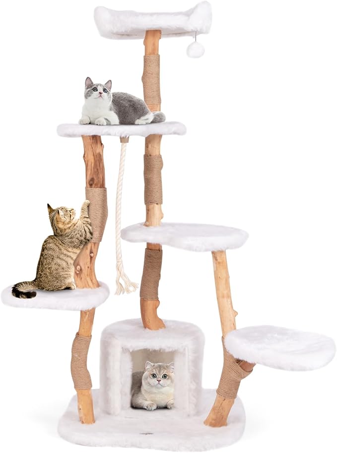 Tangkula Solid Wood Cat Tree, Modern Wooden Cat Tower with Jute Scratching Posts, Perch, Condo, Sisal Rope, Dangling Ball, Soft Long Plush, 66 Inch Tall Cat Tree Tower for Indoor Cats Large Adult