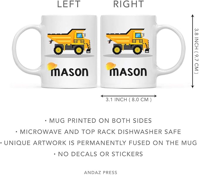 Andaz Press Personalized 11oz. Kids Hot Chocolate Mug, Yellow Construction Truck Dump Truck, 1-Pack, Custom Child’s Birthday Christmas Coffee Cup