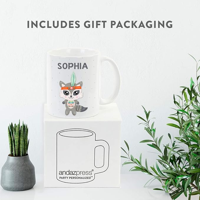Andaz Press Personalized 11oz. Kids Milk Hot Chocolate Mug, Tribal Raccoon, 1-Pack, Custom Child’s Birthday Christmas Coffee Cup