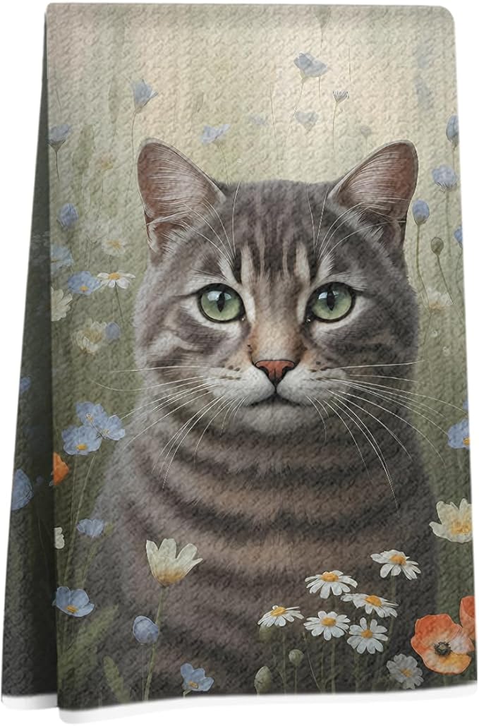Vintage Cat Kitchen Towels, Watercolor Flower Decorative Absorbent Microfiber Dish Cloth Tea Towel, Aesthetic Floral Waffle Soft Hand Towels for Farmhouse Home Bathroom Kitchen Decor, Cat Lover Gifts