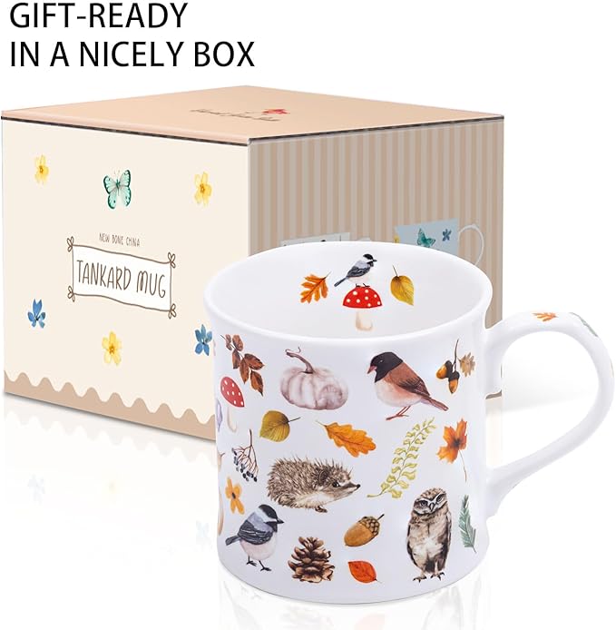 Autumn Animals Coffee Mug, 12 oz New Bone China Mug with Bird, Hedgehog, Owl & Pumpkin Design, Halloween & Fall Seasonal Ceramic Tea Mug, Nature Lover Gift, Designed in England by Harvest Green Studio