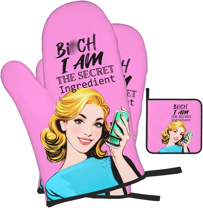 Funny Oven Mitts and Pot Holders Sets, Cute Pink Heat Resistant Oven Gloves and Hot Pads for Baking Cooking Grilling BBQ, Funny Kitchen Baking Gifts for Baker Chef Women