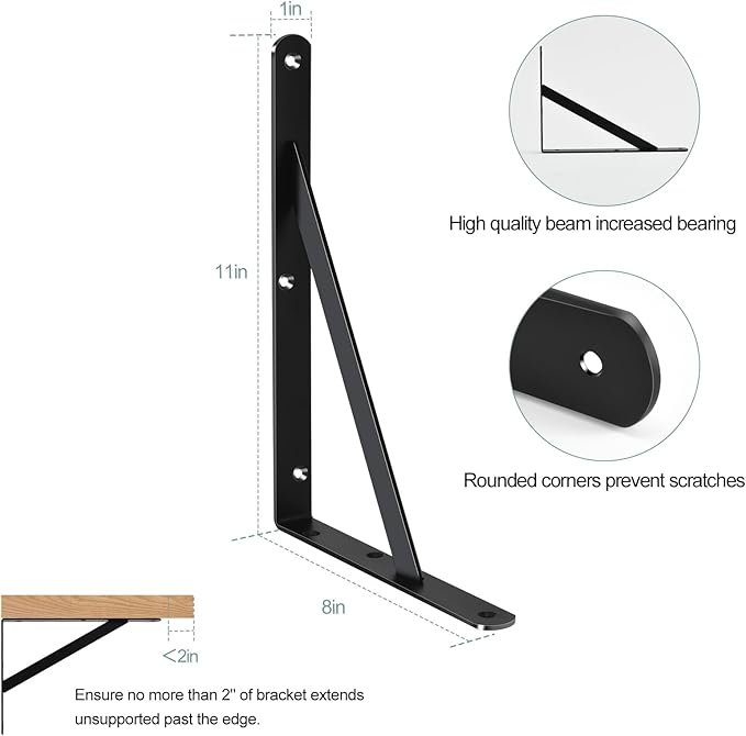 8 Pack L11 x H 8" Black Heavy Duty Shelf Brackets with Screws Metal Shelf Brackets Shelf Support Angle Brackets for Shelves L Brackets Heavy Duty Floating Shelf