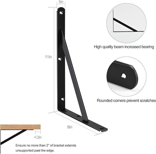 4 Pack L11 x H 8" Black Heavy Duty Shelf Brackets with Screws Metal Shelf Brackets Shelf Support Angle Brackets for Shelves L Brackets Heavy Duty Floating Shelf