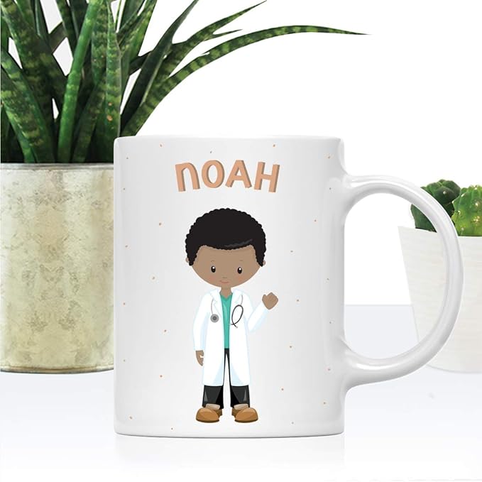 Andaz Press Personalized 11oz. Kids Milk Hot Chocolate Mug, Black Haired Boy Doctor, 1-Pack, Custom Child’s Birthday Christmas Coffee Cup