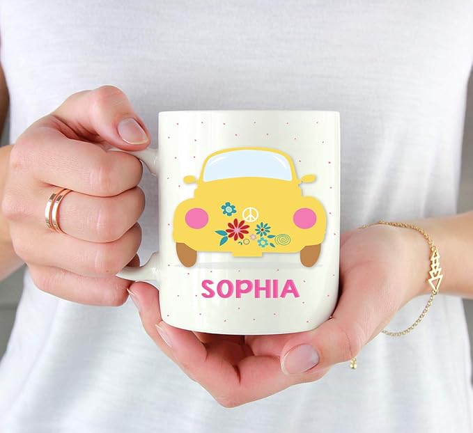 Andaz Press Personalized 11oz. Kids Hot Chocolate Mug, Hippie 1970s VW Yellow Bug, 1-Pack, Custom Child’s Birthday Christmas Coffee Cup