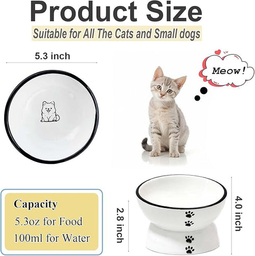 Anti-Rollover Elevated Ceramic Cat Bowls with A Sitting Puppy Pattern for Holding Food and Water, Black Border, Suitable for Small Dogs and Pets