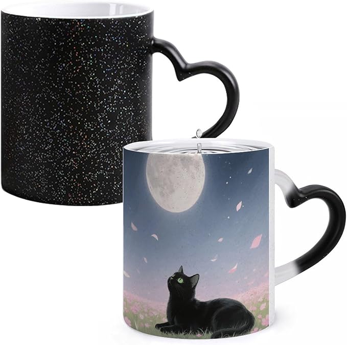 Aesthetic Cat Color Changing Mug 11oz, Heat Sensitive Coffee Mug Reveals Pattern with Hot Liquid, Ceramic Novelty Coffee Cup with Heart Shaped Handle, Funny Gift