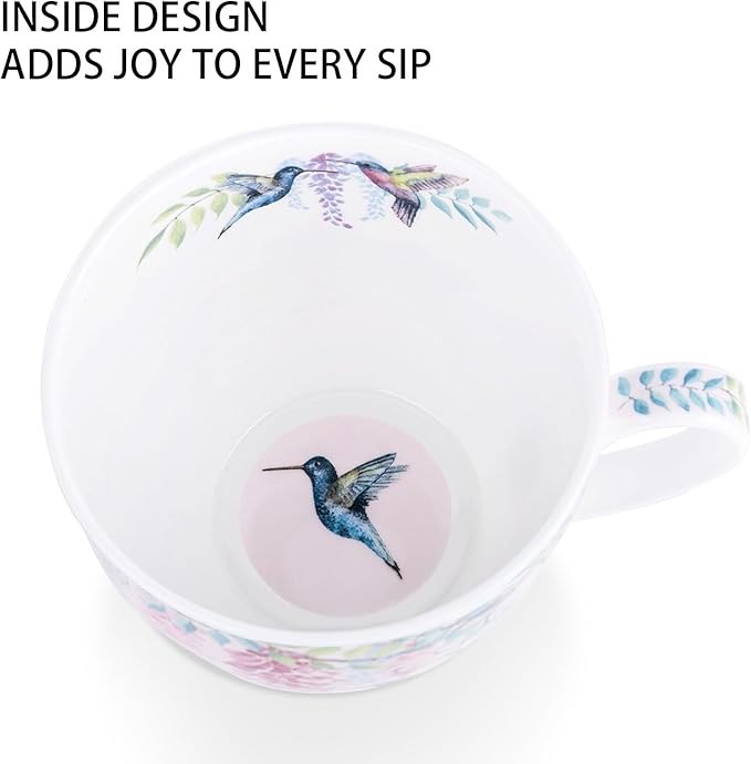 Spring Hummingbird Hug Mug - 20oz Pink Bone China Coffee Tea Mug with Floral Vine & Fluttering Hummingbirds, Thoughtful Gifts for Mom Women Mothers Day, Designed in England by Harvest Green Studio
