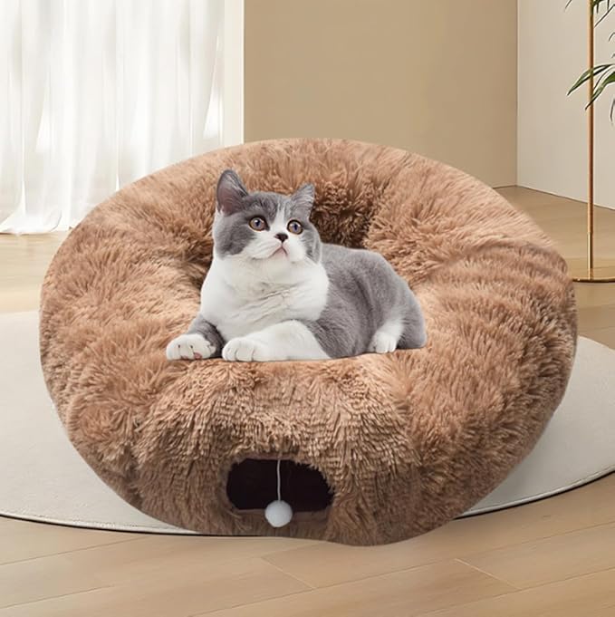 Cat Tunnel Christmas Tree Skirt， Cat Bed Under The Xmas Tree, Soft Plush Kitty Tunnel Bed with Washable Cushion, Two-Entry Peekaboo Round Christmas Cats Donut for Kitten Puppy Rabbit Ferret (Brown)