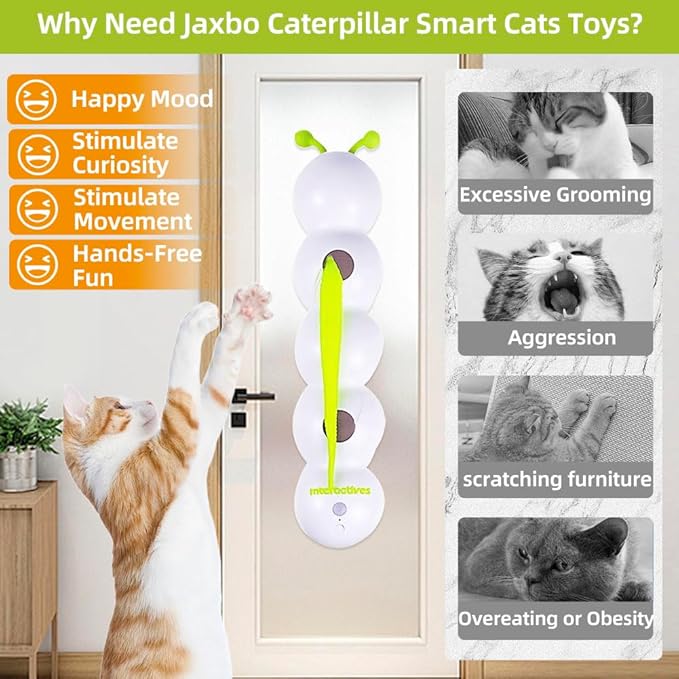 Caterpillar Smart Cats Toys, Interactive Cat Feather Toy with Motion Sensor, Whirlie Cat Toy for Hunting, Reduce Boredom, USB Rechargeable, No Drilling Required, Mount on Window (Caterpillar Cat Toy)