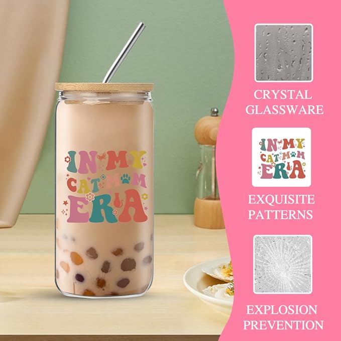 DHQH Cat Lover Gifts for Women, Cute Birthday Presents Cats Themed Gift, Cat Mom Gifts Set with 16 Oz Glass Cup for Mothers Day Thanksgiving Christmas