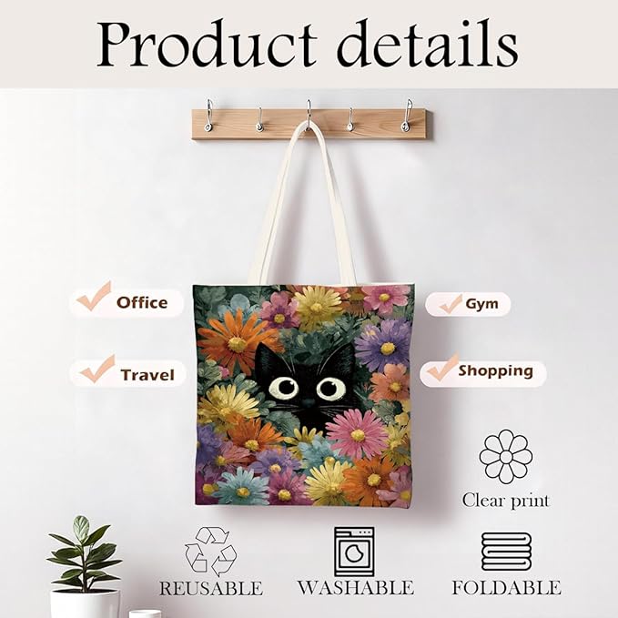 Canvas Tote Bag for Women, Black Cat and Floral Print Aesthetic Handbag, Cute Animal Reusable Shopping Bag for Work Travel Beach Grocery, Cat Lover Gift, Daily Use Tote
