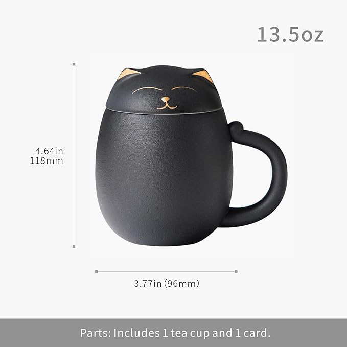 HEER Cat Tea Cup with Infuser and Lid - 13.5oz Ceramic Tea Mug - Cat Lover Gift for Friends Family. (Black)