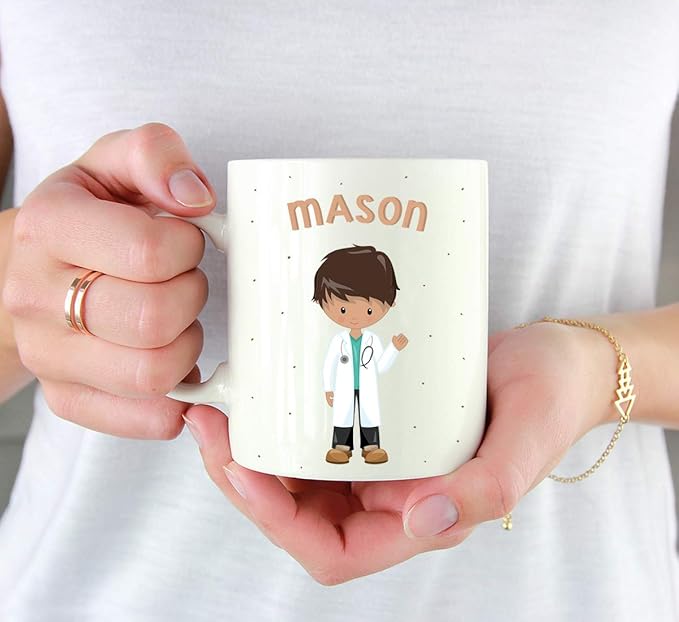 Andaz Press Personalized 11oz. Kids Milk Hot Chocolate Mug, Brown Haired Boy Doctor, 1-Pack, Custom Child’s Birthday Christmas Coffee Cup