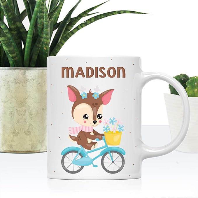 Andaz Press Personalized 11oz. Kids Milk Hot Chocolate Mug, Deer Blue Bicycle, 1-Pack, Custom Child’s Birthday Christmas Coffee Cup