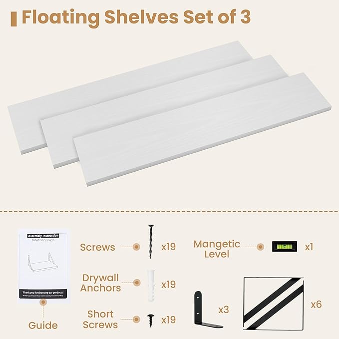 Heimlove Floating Book Shelves for Wall,35.4 Inches Long Wall Mounted Bookshelves,Heavy Duty Bracket Shelves for Living Room Kitchen,Laundry Room Storage & Decor,Set of 3,White