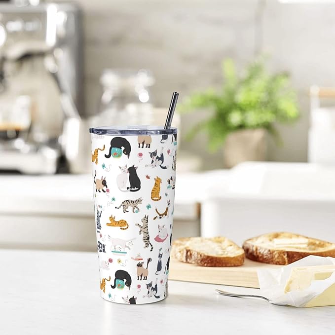 Yobvec Cat Tumbler with Lid and Straw, 20 Oz Stainless Steel Cups Insulated Water Bottle Coffee Mug Gifts for Cat Lover