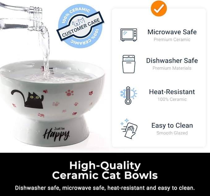 Porcelain Raised cat Bowl, 15-Ounce Raised Porcelain pet Bowl - Protects Your pet's Spine, Large-Capacity Non-Overflowing pet Bowl with Anti-Slip Strap, Dishwasher Safe (Pink)