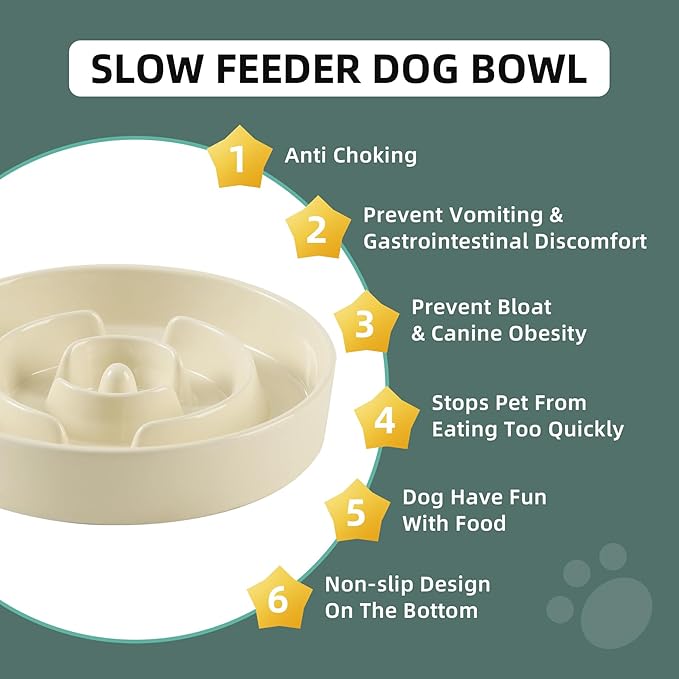 Ceramic 3.2 Cup Slow Feeder Dog Bowl for Large Dog, 9.5inch Puzzle Food Dish, Anti-Gulping, Stop Bloat, Preventing Choking (Single Bowl-Light Yellow)