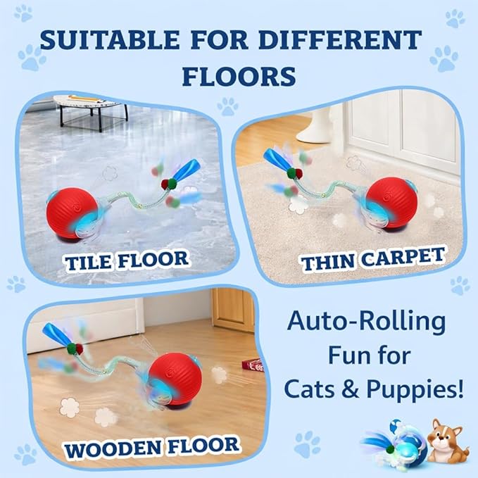 GlowPounce Interactive Rolling Ball Toy for Indoor Cats & Small Dogs – Motion-Activated Smart Moving Ball with LED Lights – Rechargeable Automatic Play Toy for Cats, Kittens & Puppies, Red