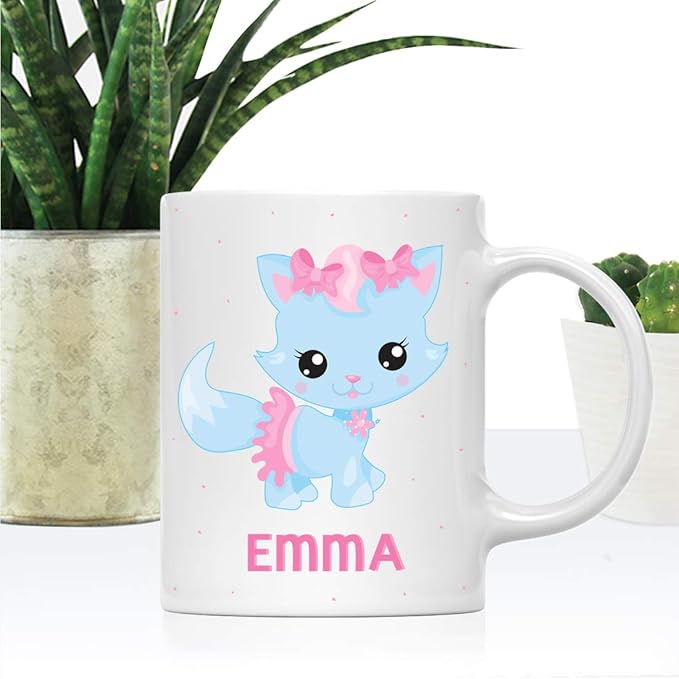 Andaz Press Personalized 11oz. Kids Milk Hot Chocolate Mug, Blue Cat with Pink Bow, 1-Pack, Custom Child’s Birthday Christmas Coffee Cup