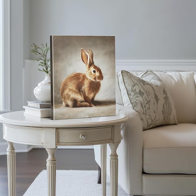 Vintage Rabbit Bunny Wall Art Decor Cute Bunny Print Picture Cottagecore Animal Wall Decor for Home Farmhouse Living Room 8x10 Inch Canvas Framed