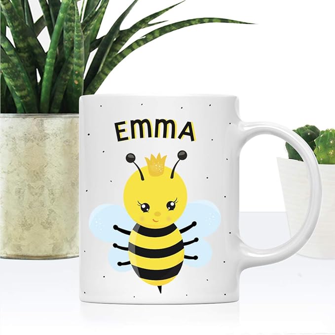 Andaz Press Personalized 11oz. Kids Milk Hot Chocolate Mug, Busy Princess Bee, 1-Pack, Custom Child’s Birthday Christmas Coffee Cup