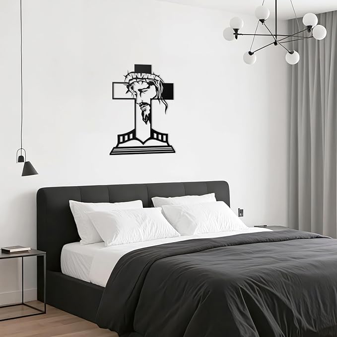 MDFUGEG Metal Cross Jesus Wall Decor-14.5x10.04in Black Religious Wall Art for Christian Catholic | Home Church Living Room Bedroom Decor, Baptism Mother's Day Religious Gifts