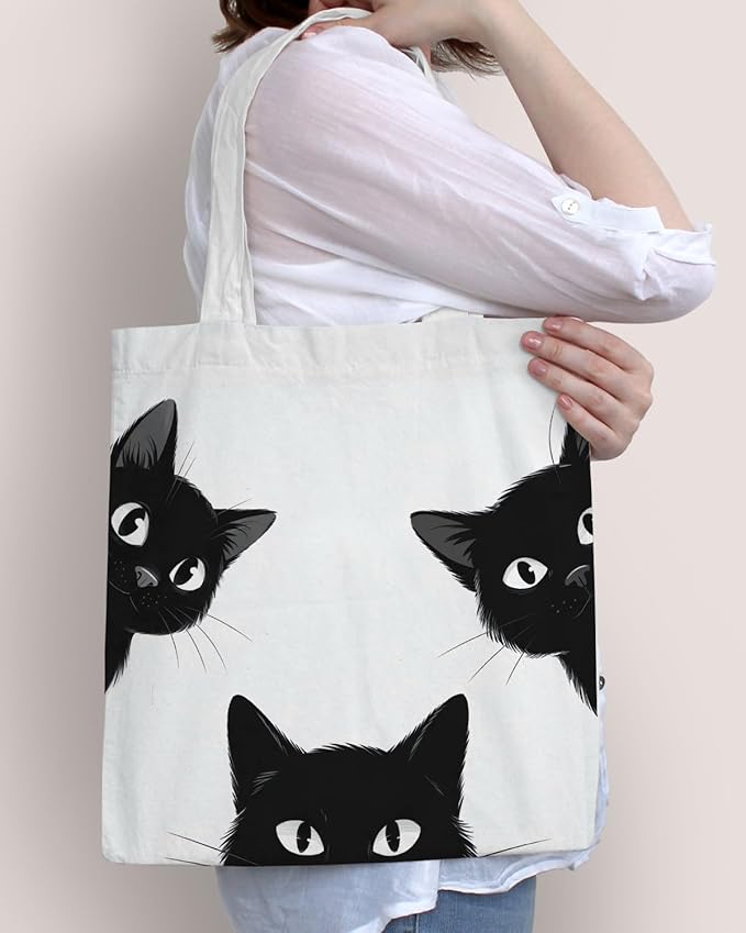 Cute Cat Canvas Tote Bag for Women Funny Cat Bag for Shopping Work Travel Lover Totes Gifts