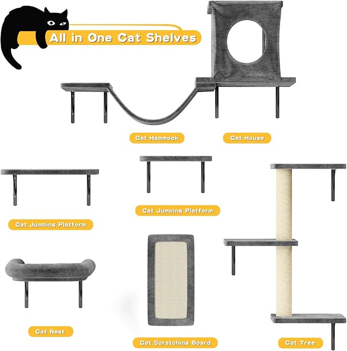 6-in-1 Cat Wall Shelves, Wall Mounted Cat Climber with Condo House, Scratching Post, Bridge Ladder, Space-Saving Indoor Play Furniture for Kittens, Dark Grey