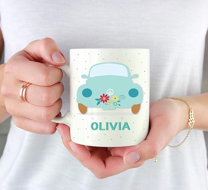 Andaz Press Personalized 11oz. Kids Hot Chocolate Mug, Hippie 1970s VW Aqua Bug, 1-Pack, Custom Child’s Birthday Christmas Coffee Cup