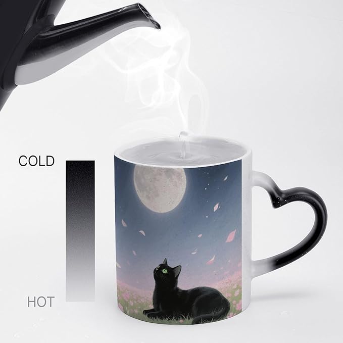 Aesthetic Cat Color Changing Mug 11oz, Heat Sensitive Coffee Mug Reveals Pattern with Hot Liquid, Ceramic Novelty Coffee Cup with Heart Shaped Handle, Funny Gift