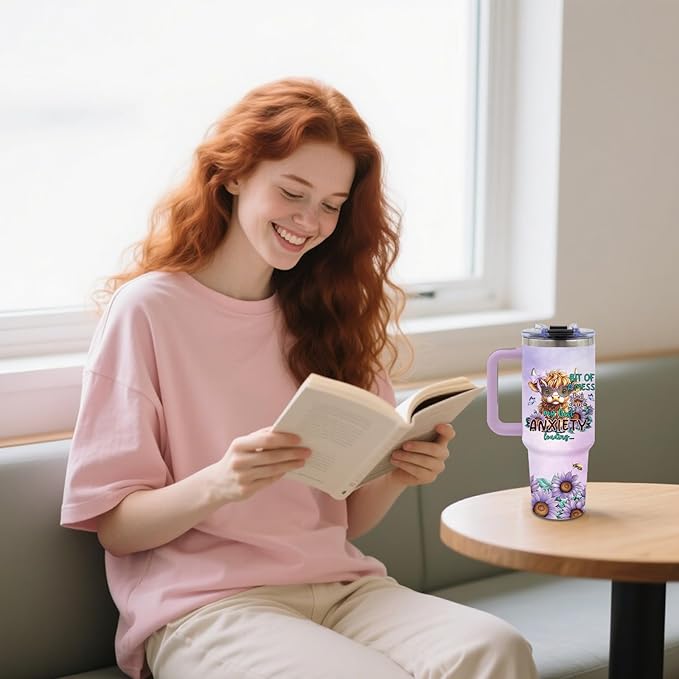 Highland Cow Gifts - Yak Tumbler 40oz with Handle and Straws, Leak-proof, Stainless Steel Insulated Coffee Mugs for Western Farm Lovers Cups, Purple Highland Cows Drinking Water Bottle