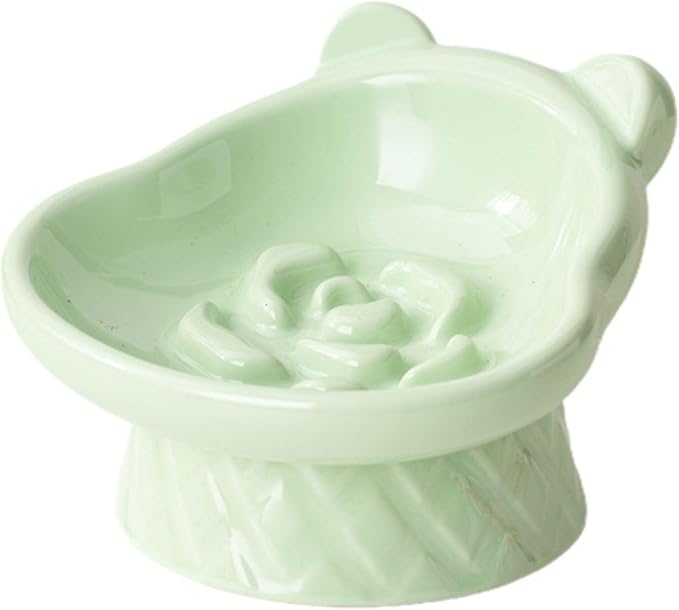 Winnie The Pooh Series Ceramic Slow Feeder Cat Bowl, Raised Anti-Gulping Design with Bear Ears, Pastel Colors, Quilted Pattern Base (Green)