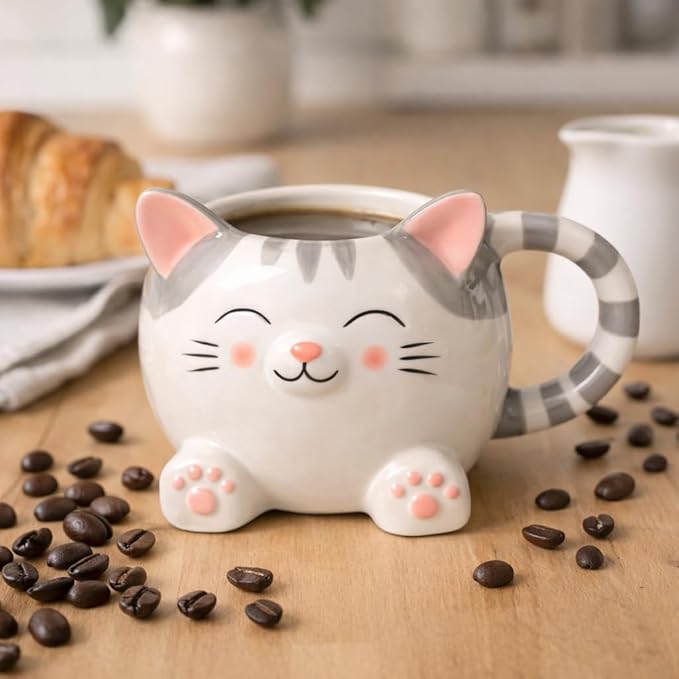 Cute Cat Coffee Mug – 16oz Ceramic Animal Mug, Handmade Gift for Cat Lovers, Cute Kawaii Coffee & Tea Cup – Gray Tabby