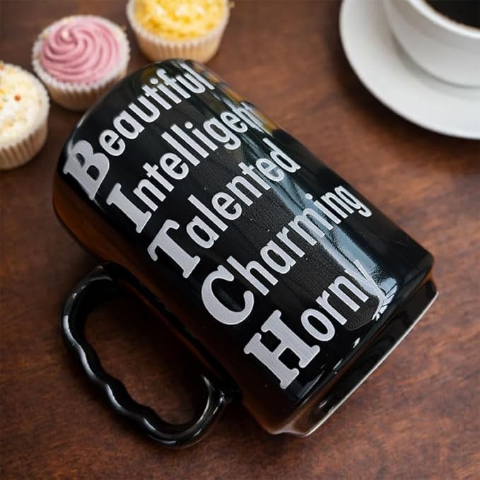 DongNaiWin Funny Coffee Mug for Women – Beautiful Intelligent Talented Charming Horny – Black Ceramic Cup with Finger Bottom, Sarcastic Novelty Gift for Best Friend, Sister, Coworker – 17 oz