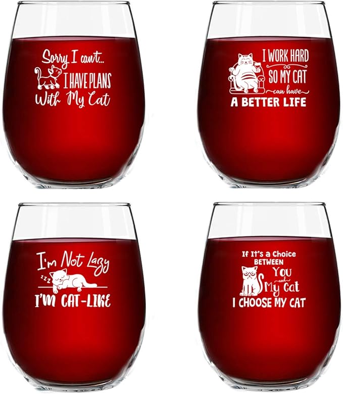 Funny Stemless Wine Glasses Set of 4 | Hilarious Gift Idea for Women, Pet Owners and Wine Lovers | 15 oz. Glass with Cute Cat Messages | Dishwasher Safe | Made in USA