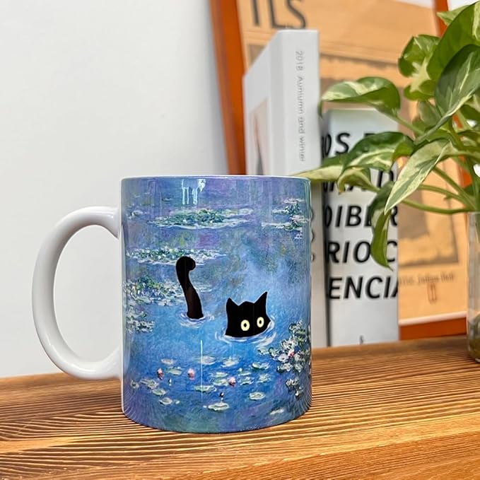 Famous Art Paintings Funny Cat Coffee Mug for Artist Art Lover Teacher Cat Lovers, Famous Picture Classic Vincent Aesthetic Canvas Mug Birthday Gift for Women Man (Water Lilies)