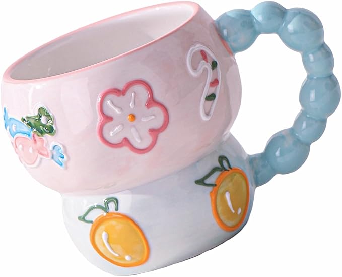 Ceramic Cartoon Coffee Mug,Aesthetic Hand-Painted Creative Cute Mug, Aesthetic Coffee Ceramic Tea, 12oz/400ml for Tea, Milk and Oatm (Blue-Orange)