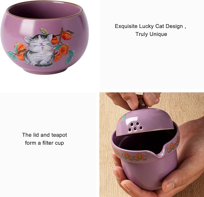 Mini Tea Cups,Cute Lucky Cat Cups,Small Tea Mugs,Porcelain Gongfu Tea set with 3 in 1,Tea Sets for Adults,Ceramic Tea Infuser Cup for Loose Leaf for Women/Tea Lovers/Birthday/Mother's Day (Purple)