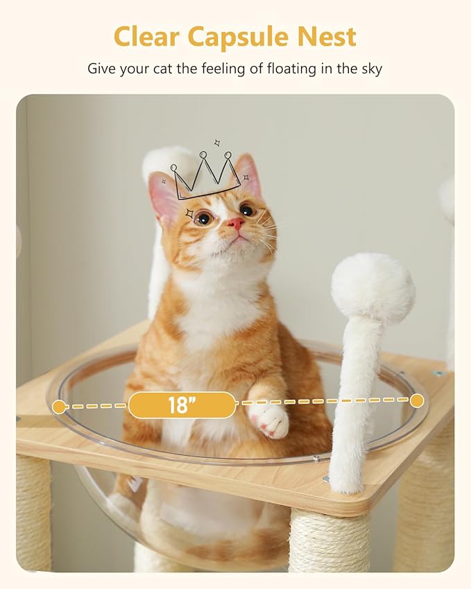 MUTTROS 42.5" Modern Wooden Cat Tree with 2-Story Condo, Scratching Posts, Capsule Nest & Dangling Balls - Sky City Design Indoor Furniture for Cats, Beige