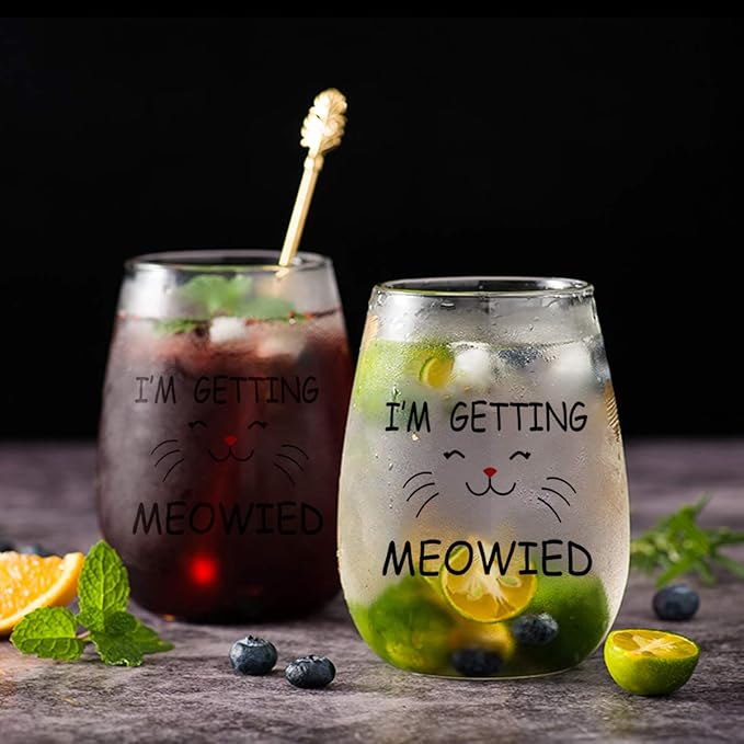 I'm Getting Meowied Funny Wine Glasses - Engagement or Bridal Shower Gift for Cat Lovers, Set of 2 Stemless Wine Glasses, 15 Oz