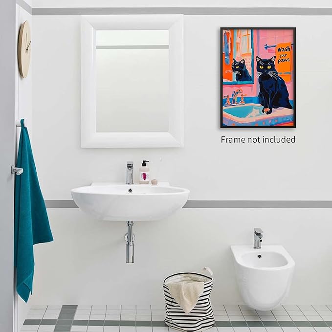 OMANI Black Cat Wash Your Paws Fun Wall Art Funky Colorful Bathroom Animal Poster Playful Kitsch Dopamine Aesthetic Canvas Pictures for Bathroom Wall Decor 16x24 inch Unframed